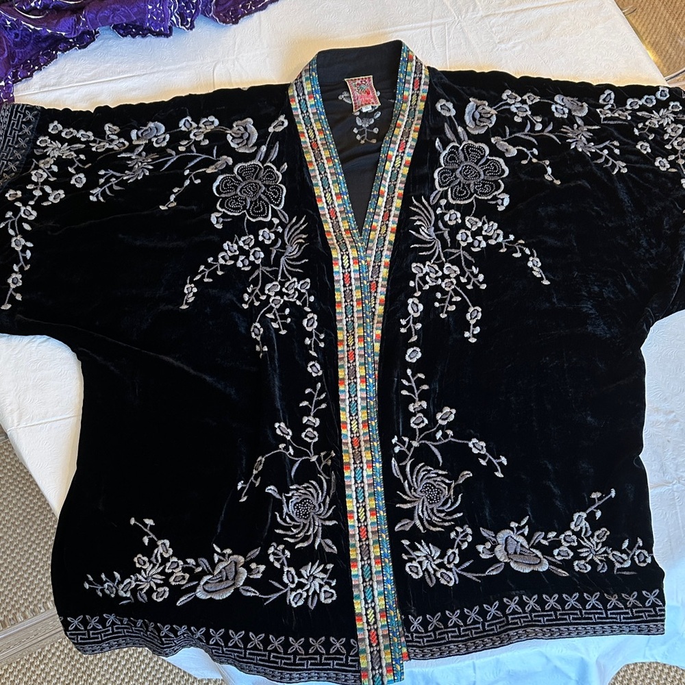 Johnny Was Black Velvet Jacket with Colorful Embroidery